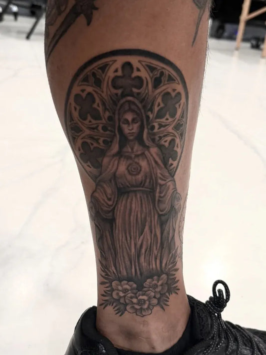 Big Blackwork VirginMaryinRoseWindow on Men Thigh Religious Tattoo by @paintinskin