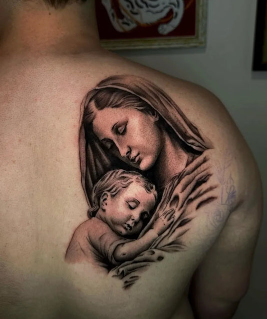 Big Blackwork Virgo and Child on Men Shoulder Religious Tattoo by @niko_de_puta