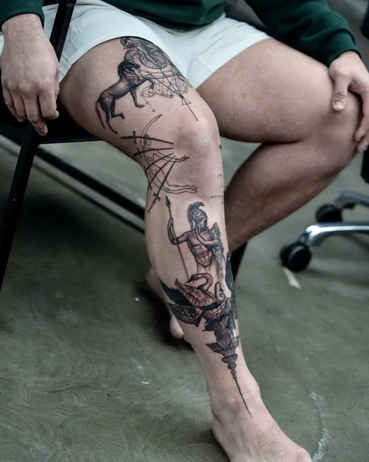 Big Blackwork Warrior Horse Spear on Men Leg Tattoo by @midday_p