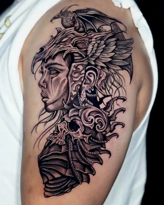 Big Blackwork Warrior with Raven and Skull Military Tattoo on Men Shoulder by @atsfaync