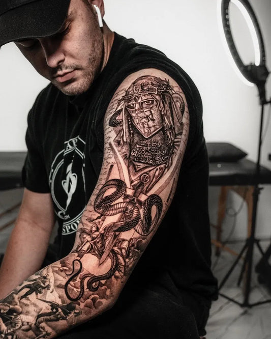 Big Blackwork Warrior with Snakes on Men Arm Tattoo by @serhatorucx