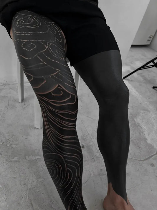 Big Blackwork Wave Patterns Tattoo on Men Leg by @3shiyu