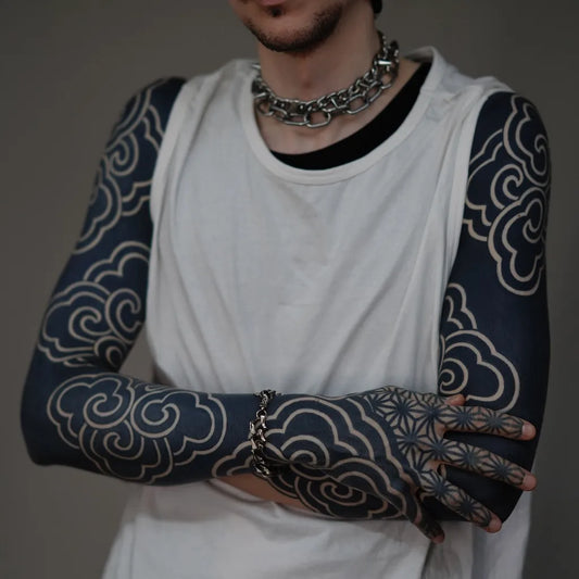 Big Blackwork Waves and Geometric Patterns Tattoo on Men Arms by @hands