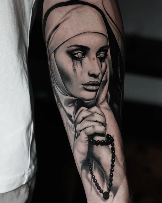 Big Blackwork Weeping Nun with Rosary on Men Arm Tattoo by @jodieglovertattoos