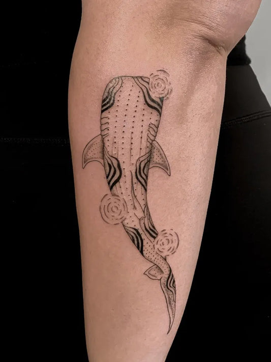 Big Blackwork Whale Shark on Women Arm Tattoo by @lexieroseart
