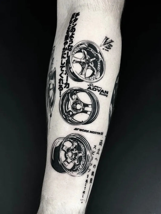 Big Blackwork Wheels Tattoo on Men Arm by @szeszu