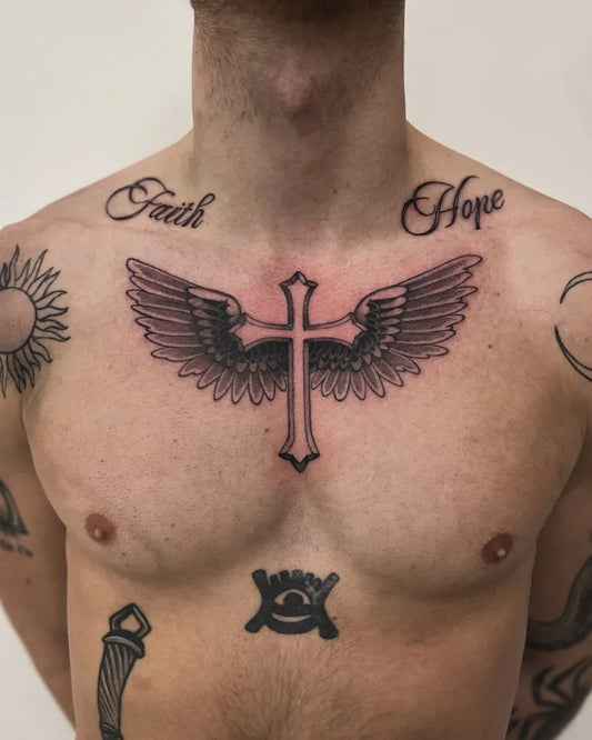 Big Blackwork Winged Cross with Angel Wings and Sun Tattoo on Men Chest by @callmenighthawkk