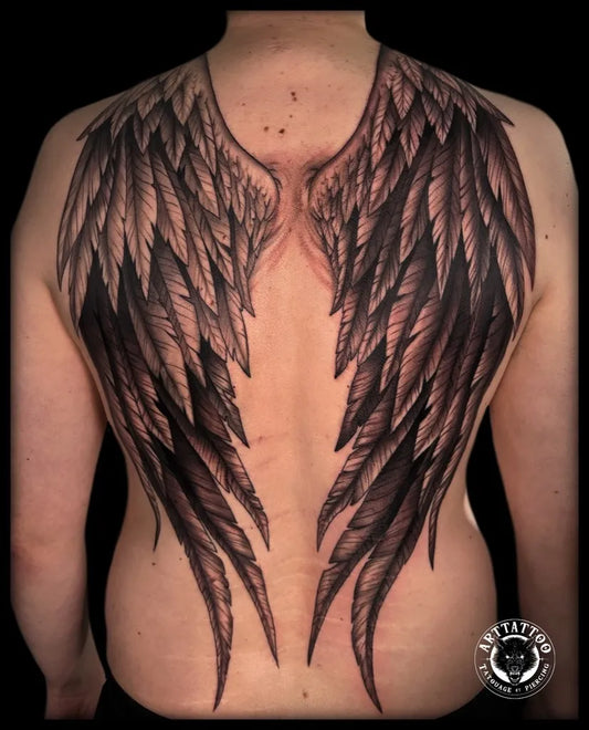 Big Blackwork Wings on Men Back Tattoo by @arttattoobruno