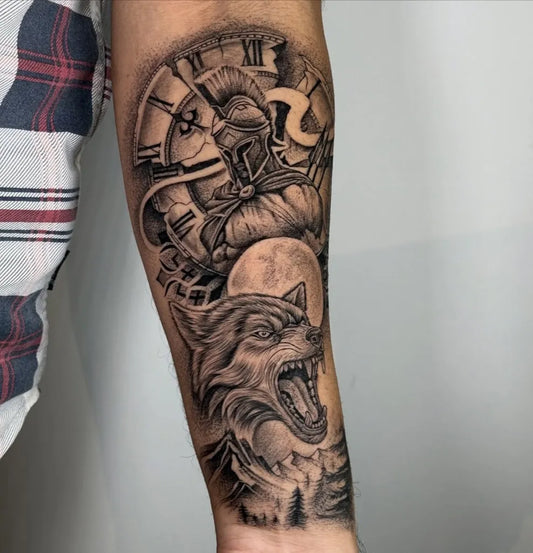 Big Blackwork Wolf Clock Wolf on Men Arm Tattoo by @ink_khan