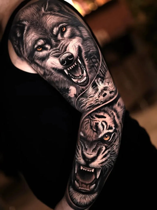 Big Blackwork Wolf Tiger on Men Arm Tattoo by @tattooassist