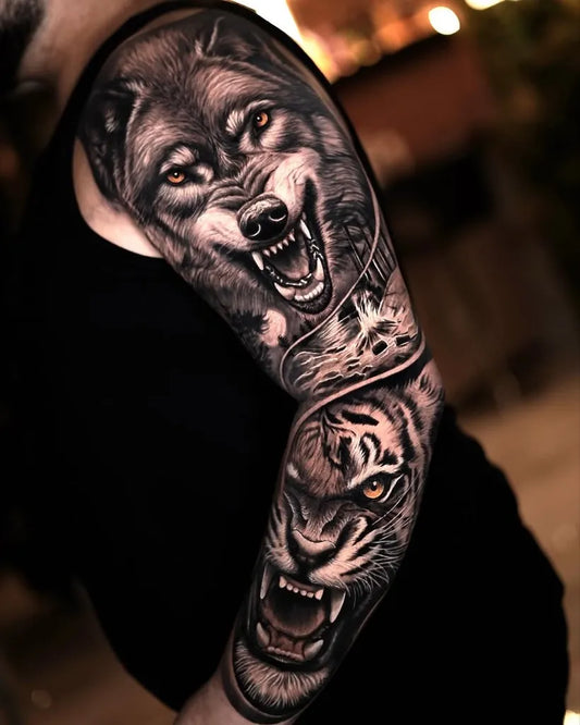 Big Blackwork Wolf Tiger on Men Arm Tattoo by @tattoosfolder