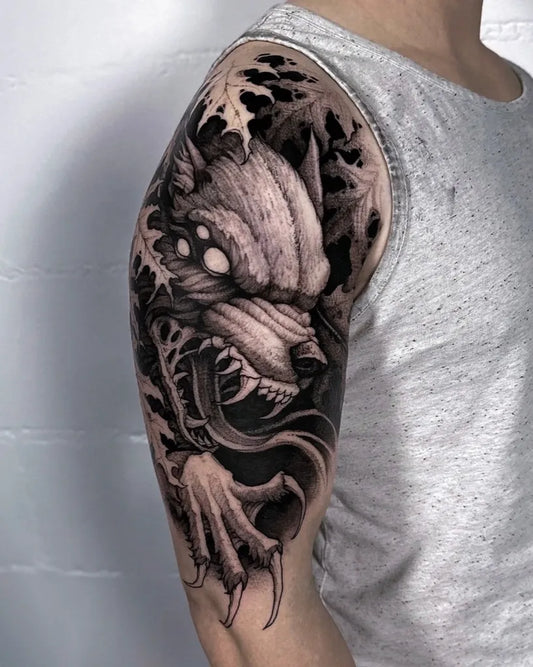 Big Blackwork Wolf on Men Arm Tattoo by @basti.dee.tattoo