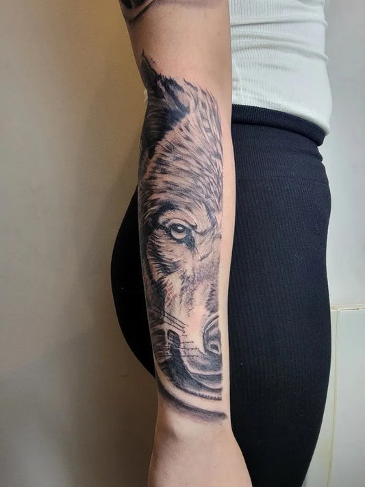 Big Blackwork Wolf on Women Forearm Tattoo by @moorishink