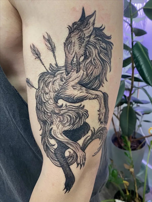 Big Blackwork Wolf with Arrows on Men Arm Tattoo by @fairy.toots