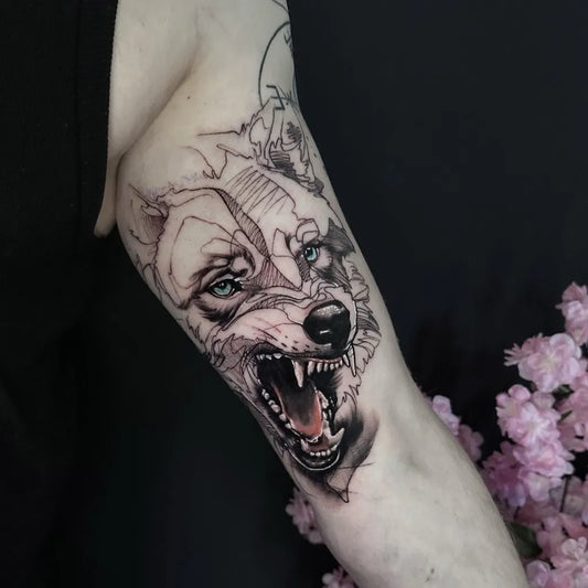 Big Blackwork Wolf with Flowers on Women Arm Tattoo by @dime_reck