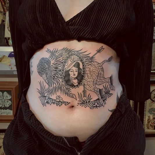 Big Blackwork Woman Portrait Buffalo Tattoo on Women Stomach by @hollyashbytattoo