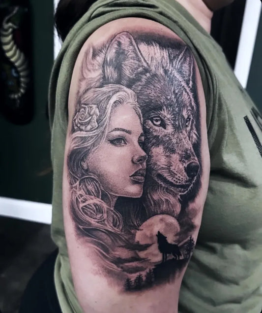 Big Blackwork Woman Wolf Moon on Women Arm Tattoo by @jessyknuckles