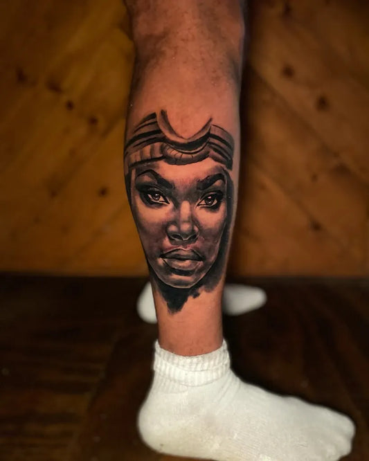 Big Blackwork Woman on Men Leg Tattoo by @itschriscolbert