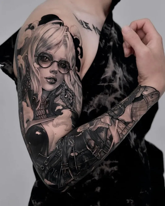 Big Blackwork Woman with Glasses and Gear on Women Arm Tattoo by @tattoosfolder
