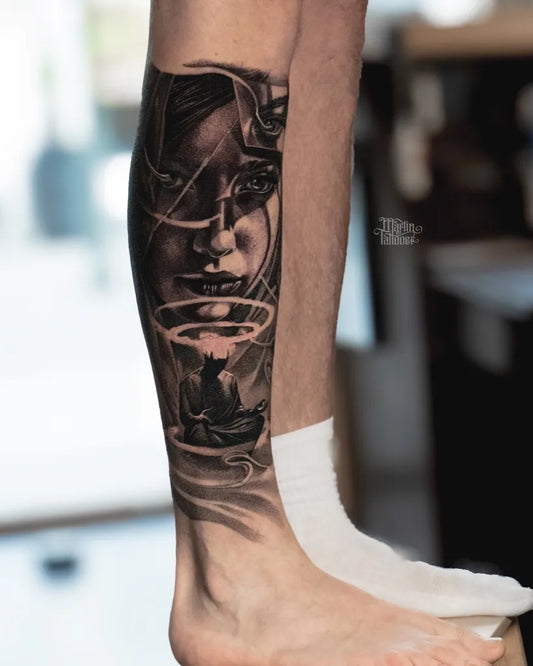 Big Blackwork Womans Face and Boat on Men Leg Tattoo by @martintattooer