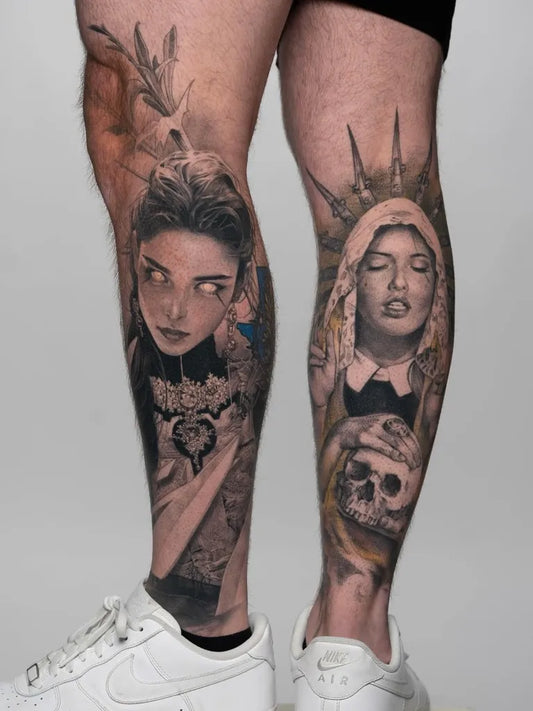Big Blackwork Women with Deer Horns Skull and Sacred Heart on Men Leg Tattoo by @deanna_art