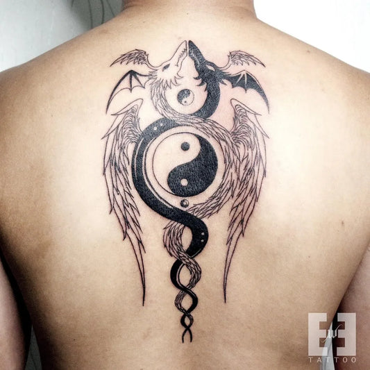 Big Blackwork Yin Yang Dragon Wings Tattoo on Men Back by @ewetattoo