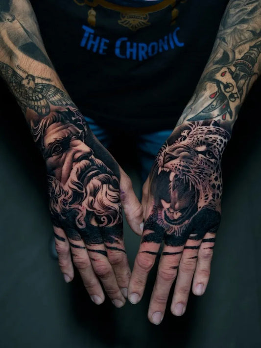 Big Blackwork Zeus and Jaguar on Men Hands Tattoo by @art_by_melk
