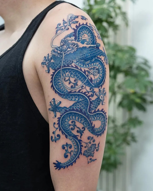 Big Blue Dragon Tattoo on Men Shoulder by @inktattoo_nako