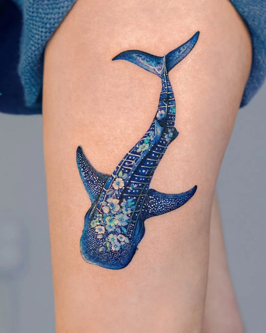 Big Blue Whale Shark with Flowers Tattoo on Women Thigh by @e.nal.tattoo