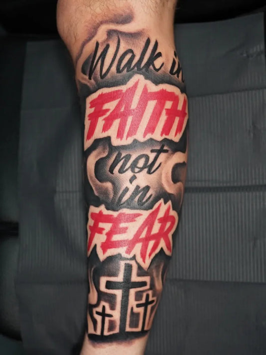 Big BoldLettering 3Cross Tattoo on Men Leg by @tattoosby_adrian