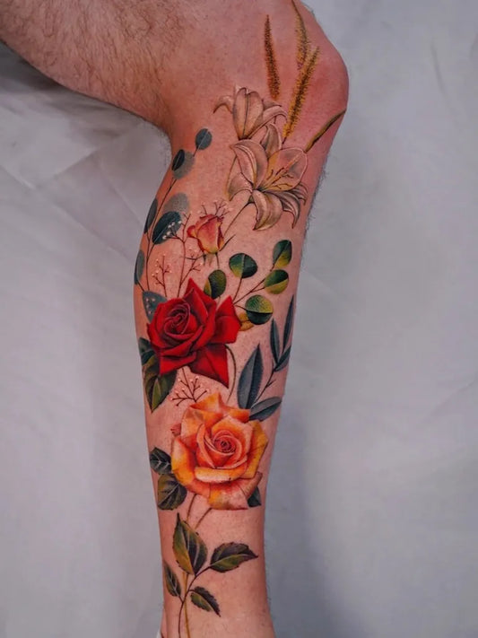 Big Botanical Rose Lily Wheat on Men Leg Flower Tattoo by @vii_tattoo