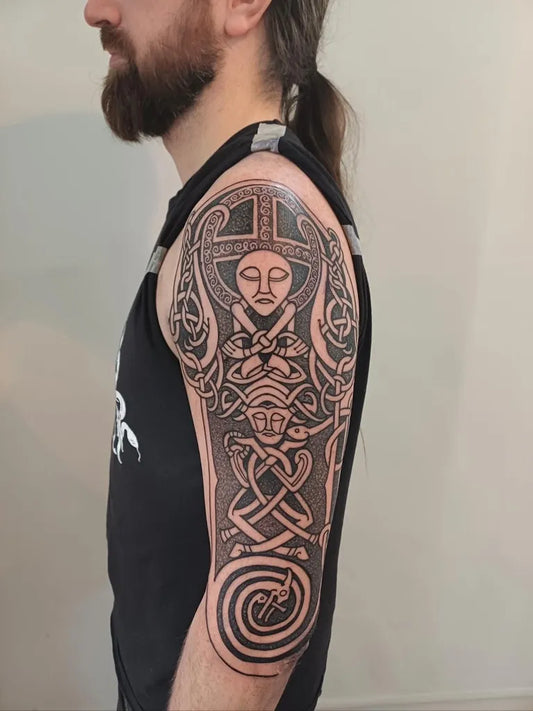 Big Celtic Celtic Cross and Knotwork Tattoo on Men Upper Arm by @lifestooshort.tattoo