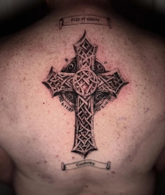 Big Celtic Celtic Cross with Banners Tattoo on Men Back by @ayucaba_
