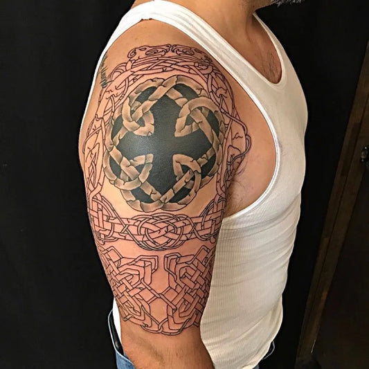 Big Celtic Knot Cross Tattoo on Men Arm by @erikaxel_atx