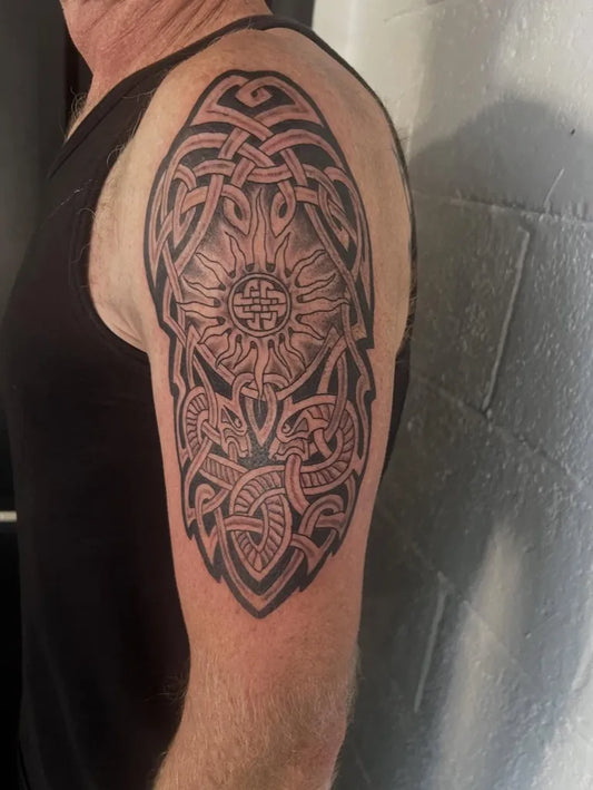 Big Celtic Knotwork Sun and Serpents Tattoo on Men Shoulder by @blucifer22