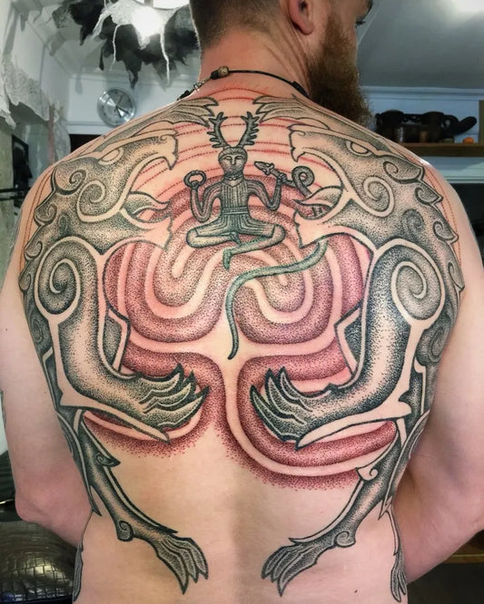 Big Celtic Mystic Figure with Lions and Serpent on Men Back Tattoo by @uffe.berenth