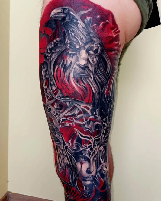 Big Celtic Raven Warrior Tattoo on Men Thigh by @pleso_tattoo