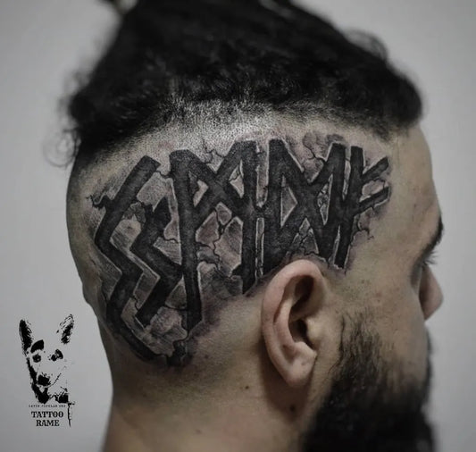 Big Celtic Runes Tattoo on Men Head by @rametattoo27