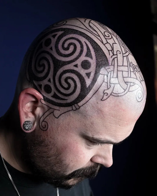 Big Celtic Triskelion Knot Dragon Tattoo on Men Head by @kintyreink