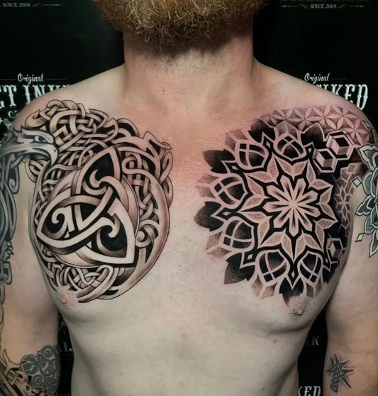 Big Celtic Valknut and Mandala Tattoo on Men Chest by @getinkedatbaliink