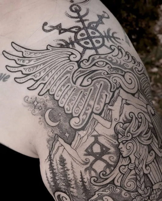 Big Celtic Valkyrie with Wings and Celtic Knots Tattoo on Women Shoulder by @thenordictattoo