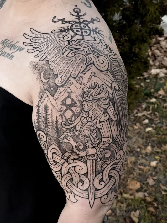 Big Celtic Valkyrie with Wings and Sword Tattoo on Women Shoulder by @valhallvaror