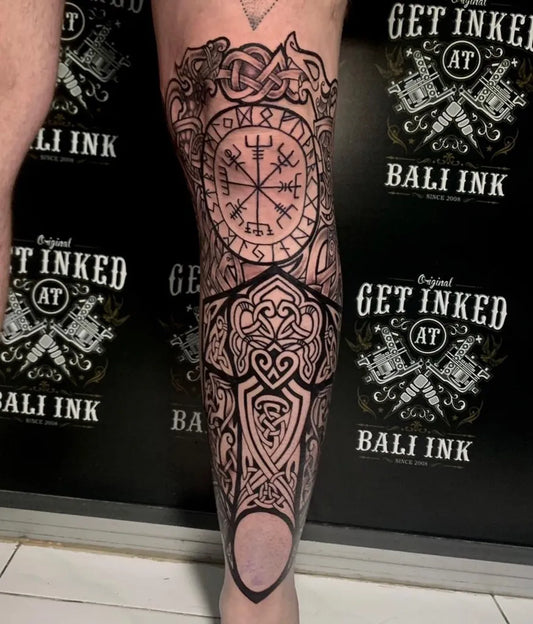 Big Celtic Vegvisir Knotwork Shield Tattoo on Men Thigh by @getinkedatbaliink