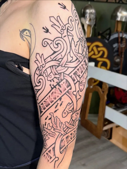 Big Celtic Viking Knots Birds Tattoo on Women Arm by @sacred_knot_tattoo
