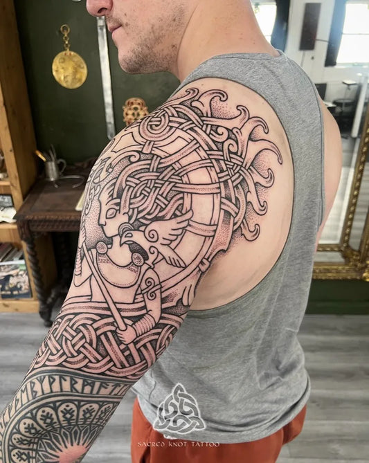 Big Celtic Viking Knots and Raven Tattoo on Men Shoulder by @sacred_knot_tattoo