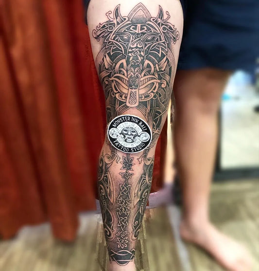 Big Celtic Viking Knotwork and Warrior Mask Tattoo on Men Thigh by @monsterinkbali