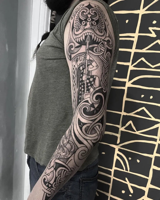 Big Celtic Warrior and Dragon Tattoo on Women Arm by @abelfromnorth