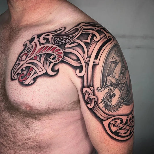 Big Celtic Wolf Dragon Shield Tattoo on Men Shoulder by @yadriart
