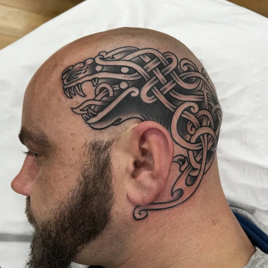 Big Celtic Wolf Head Tattoo on Men Head by @honourindeedtattoo