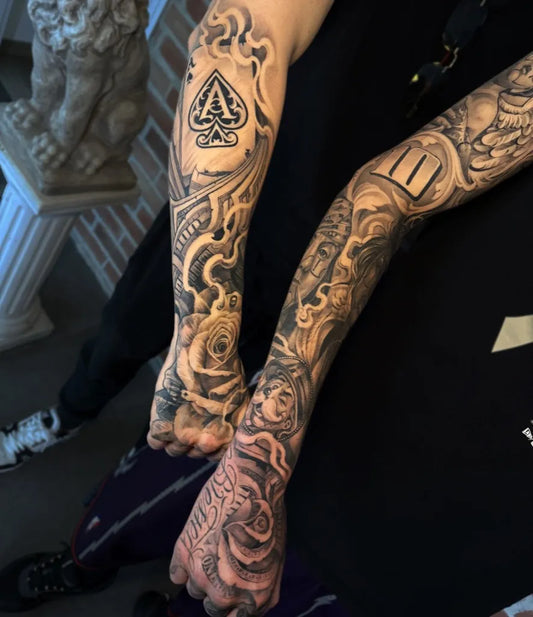 Big Chicano Ace of Spades Rose Feminine Face Tattoo on Men Arm by @yuripetrucci